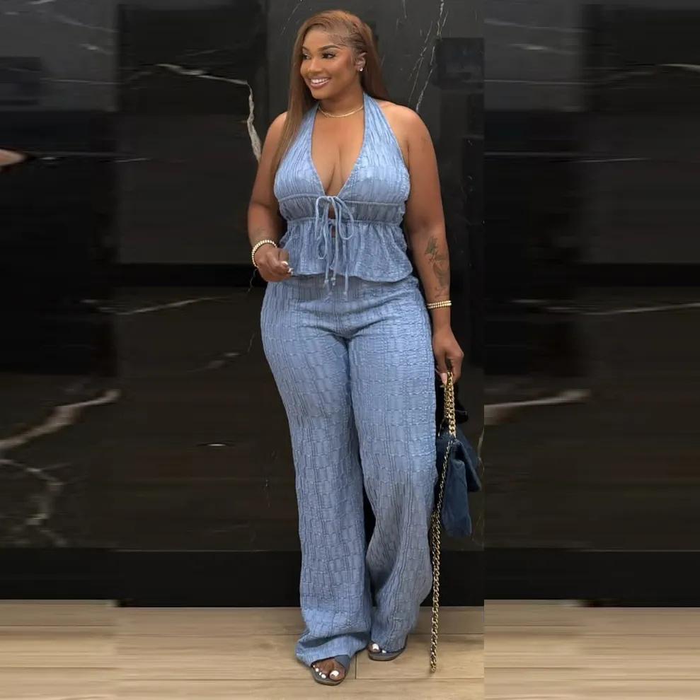 Women Fashion Casual Summer Solid Color Jacquard Halter-Neck Sleeveless Top Straight Pants Two-Piece Set