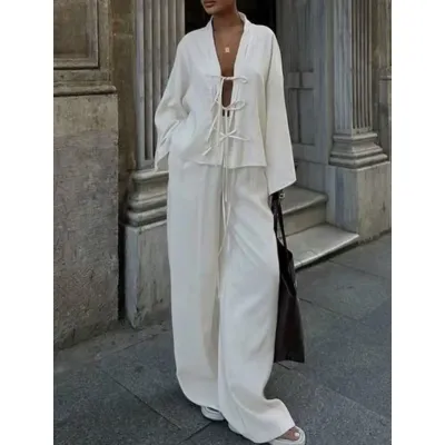 Women Fashion Casual Spring Solid Color Long-Sleeve Lace-Up Blouse Loose Pants Two-Piece Set