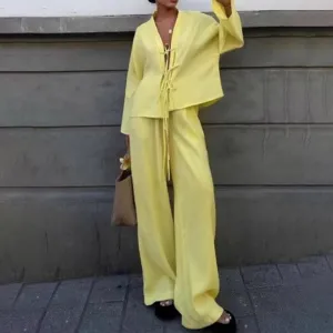 Women Fashion Casual Spring Solid Color Long-Sleeve Lace-Up Blouse Loose Pants Two-Piece Set