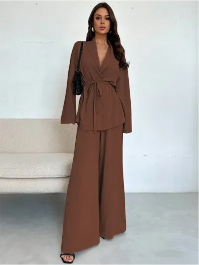 Women Fashion Elegant Spring Solid Color V-Neck Long-Sleeve Coat Wide-Leg Pants Two-Piece Set