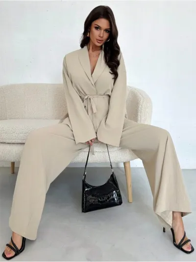 Women Fashion Elegant Spring Solid Color V-Neck Long-Sleeve Coat Wide-Leg Pants Two-Piece Set