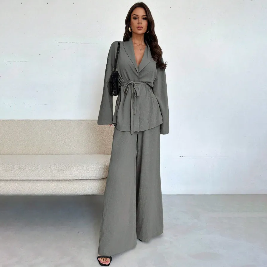 Women Fashion Elegant Spring Solid Color V-Neck Long-Sleeve Coat Wide-Leg Pants Two-Piece Set