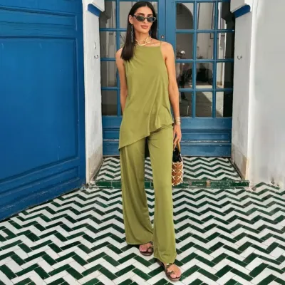 Women Fashion Casual Spring Solid Color Backless Camisole Loose Straight Pants Two-Piece Set