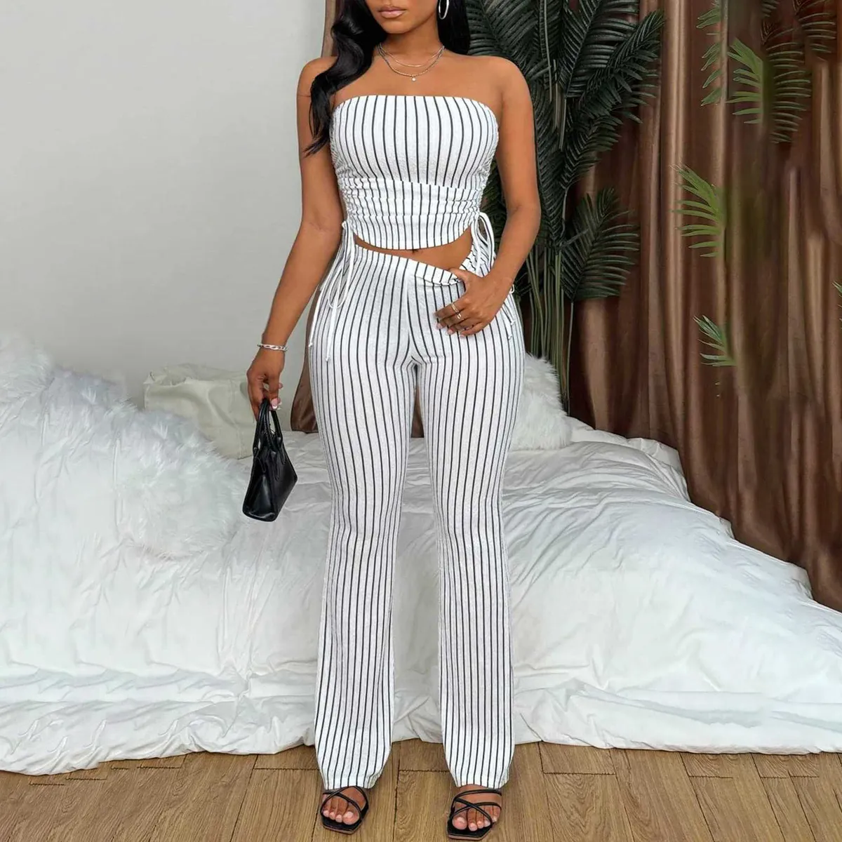 Women Fashion Sexy Spring Stripe Backless Lace-Up Tube Top Slim Fit Pants Two-Piece Set