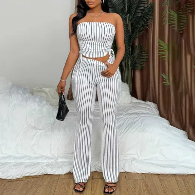 Women Fashion Sexy Spring Stripe Backless Lace-Up Tube Top Slim Fit Pants Two-Piece Set