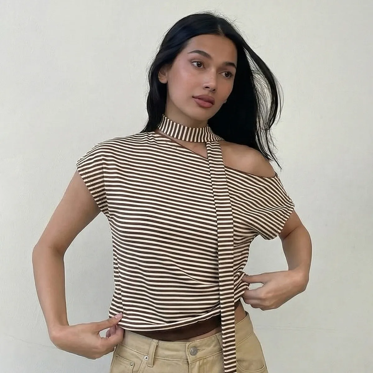 Women Fashion Casual Stripe Oblique Collar Short-Sleeve Slim-Fit T-Shirt