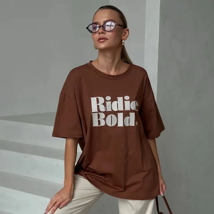 Women Fashion Casual Summer Letter Printed Cotton Short Sleeve Loose T-Shirt