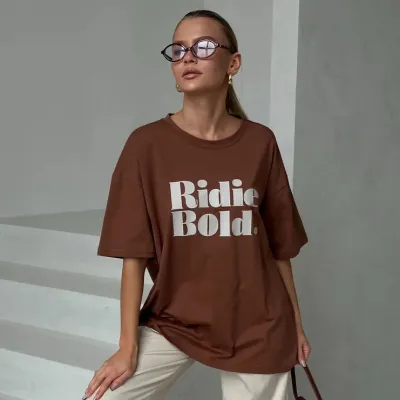 Camiseta de manga corta holgada de algodón con estampado de letras para mujer, estilo casual de verano.