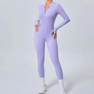 Women Fashion Casual Solid Color Long-Sleeve Zipper Tight Yoga Sports Jumpsuits