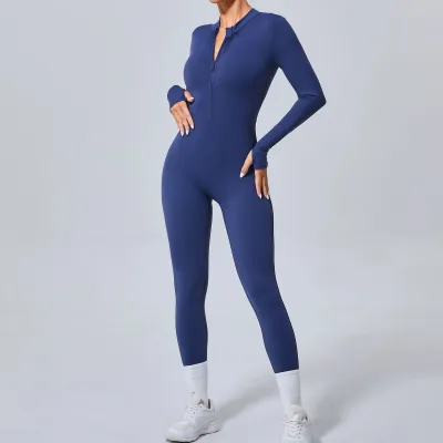 Women Fashion Casual Solid Color Long-Sleeve Zipper Tight Yoga Sports Jumpsuits