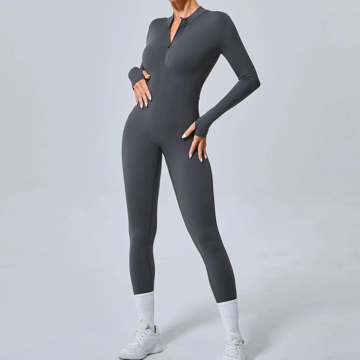 Women Fashion Casual Solid Color Long-Sleeve Zipper Tight Yoga Sports Jumpsuits