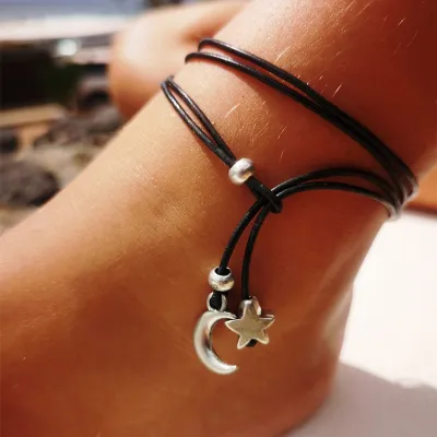Women's Fashion Star Moon Alloy Leather Rope Adjustable Anklet