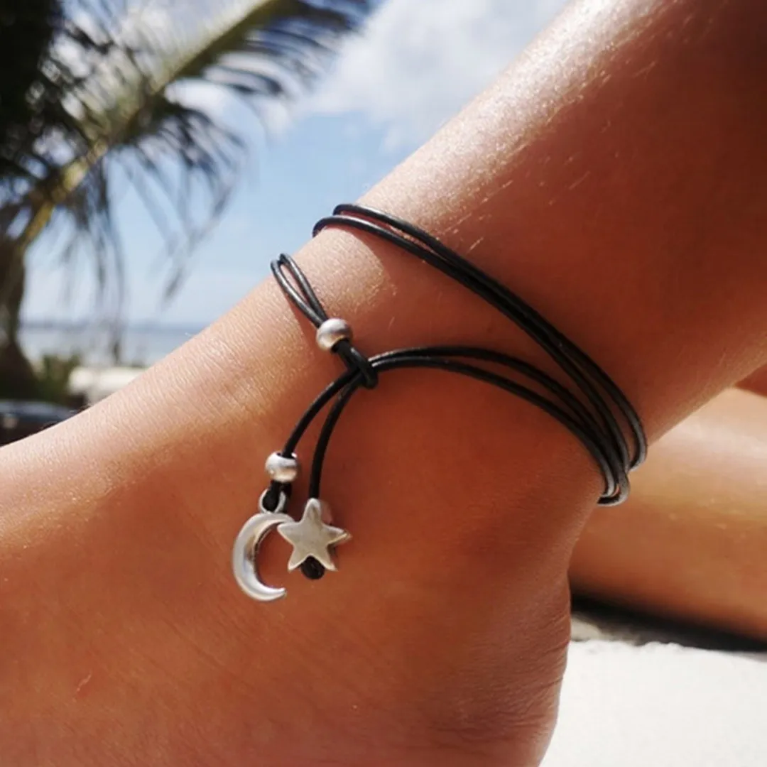 Women's Fashion Star Moon Alloy Leather Rope Adjustable Anklet