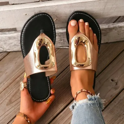 Women Fashion Casual Solid Color Metal Buckle Hollow Round-Toe Flat Slippers Plus Size