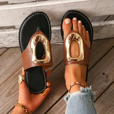 Women Fashion Casual Solid Color Metal Buckle Hollow Round-Toe Flat Slippers Plus Size