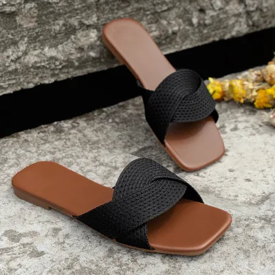 Women Fashion Casual Solid Color Cross Belt Square Toe Flat Slippers Plus Size