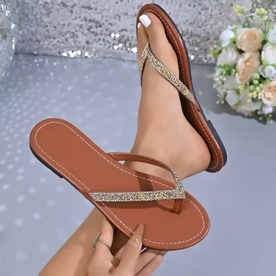 Women Rhinestone Beach Flip-Flops Flat Slip-On Slippers Plus Size