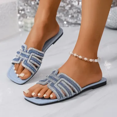 Women Fashion Casual Rhinestone Square-Toe Flat Slippers