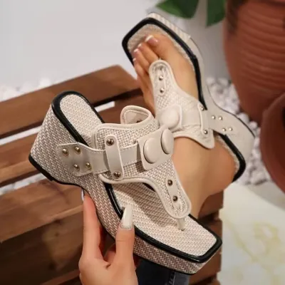 Women Fashion Casual Boho Rivet Square-Toe Platform Woven Slippers Wedge Heel