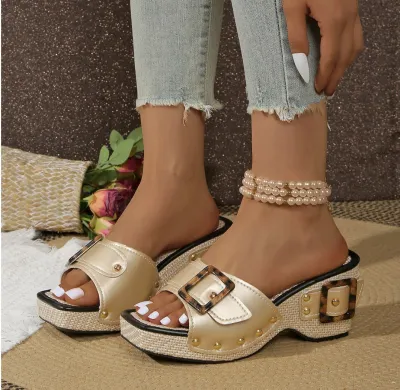 Women Fashion Casual Rivet Belt Square Toe Wedge Slippers