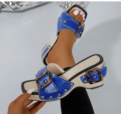 Women Fashion Casual Rivet Belt Square Toe Wedge Slippers