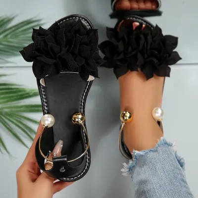 Women's Fashion Casual Solid Color Flower Flat Sandals Plus Size
