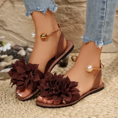 Women's Fashion Casual Solid Color Flower Flat Sandals Plus Size