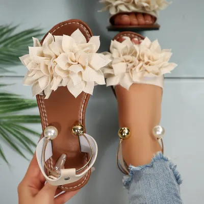 Women's Fashion Casual Solid Color Flower Flat Sandals Plus Size