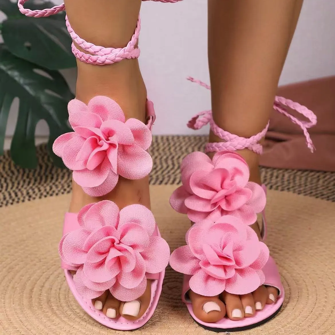 Women Fashion Elegant Boho Solid Color Flower Flat Strappy Sandals Plus Size