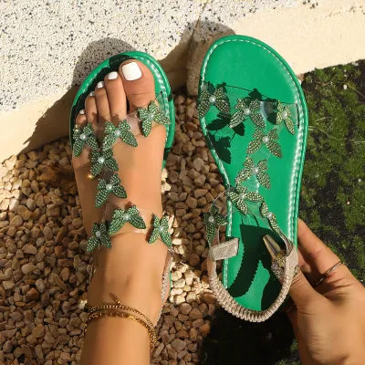 Women's Fashion Rhinestone Butterfly Elastic Band Flat Sandals Plus Size