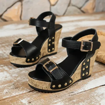 Women Fashion Summer Rivet One-Character Buckle Peep-Toe Thick-Soled Wedge Platform Sandals
