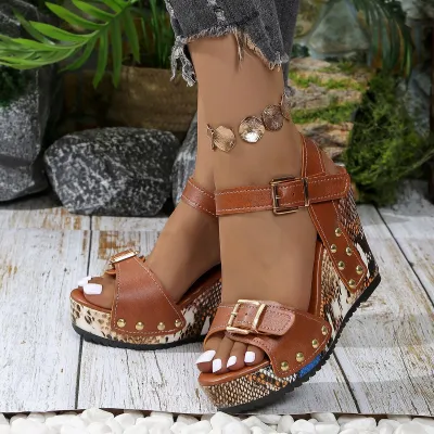 Women Fashion Summer Rivet One-Character Buckle Peep-Toe Thick-Soled Wedge Platform Sandals