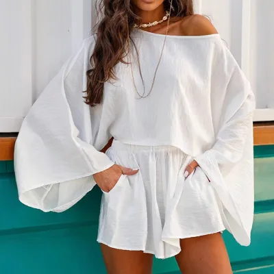 Women Fashion Casual Solid Color Long-Sleeve Crop Top Loose Shorts Two-Piece Set
