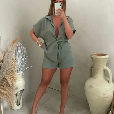 Women Fashion Casual Solid Color Lapel Short-Sleeve Single-Breasted Blouse Loose Shorts Two-Piece Set