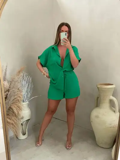 Women Fashion Casual Solid Color Lapel Short-Sleeve Single-Breasted Blouse Loose Shorts Two-Piece Set