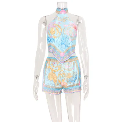 Women Fashion Sexy Ethnic Style Printed Halter-Neck Backless Top Loose Shorts Two-Piece Set