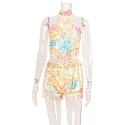 Women Fashion Sexy Ethnic Style Printed Halter-Neck Backless Top Loose Shorts Two-Piece Set
