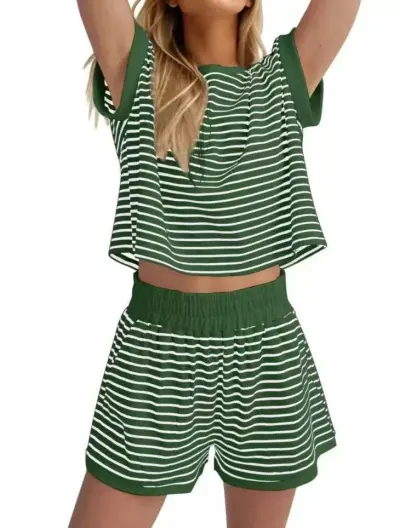Women Fashion Casual Stripe Round Neck Short-Sleeve T-Shirt Loose Shorts Two-Piece Set