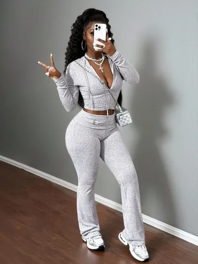 Women Fashion Casual Solid Color Slim Pit Strip Zipper Hoodies Slim Fit Pants Two-Piece Set