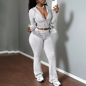 Women Fashion Casual Solid Color Slim Pit Strip Zipper Hoodies Slim Fit Pants Two-Piece Set