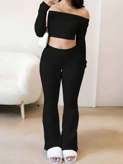 Women Fashion Sexy Summer Solid Color Off-Shoulder Long-Sleeve Crop Top Slim Fit Pants Two-Piece Set