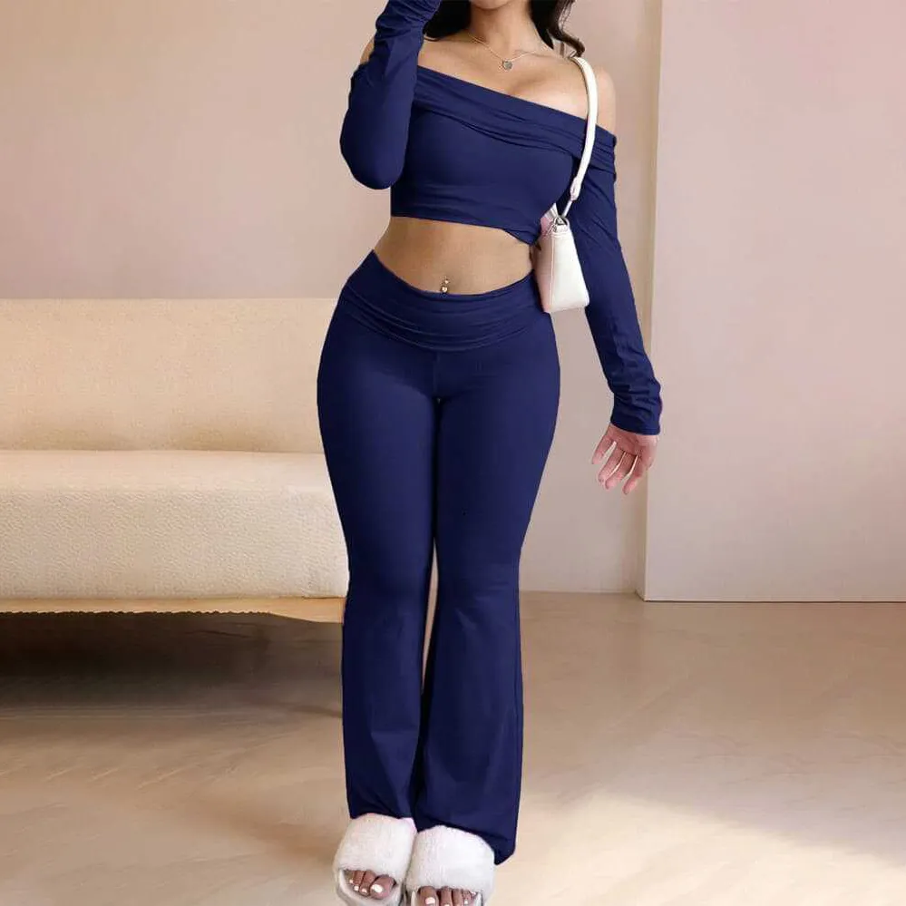 Women Fashion Sexy Summer Solid Color Off-Shoulder Long-Sleeve Crop Top Slim Fit Pants Two-Piece Set