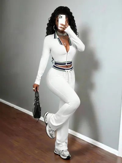 Women Fashion Casual Contrast Zipper Long-Sleeve Jacket Slim Fit Pants Two-Piece Set