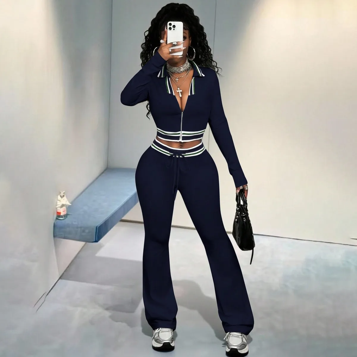 Women Fashion Casual Contrast Zipper Long-Sleeve Jacket Slim Fit Pants Two-Piece Set