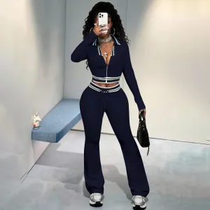 Women Fashion Casual Contrast Zipper Long-Sleeve Jacket Slim Fit Pants Two-Piece Set