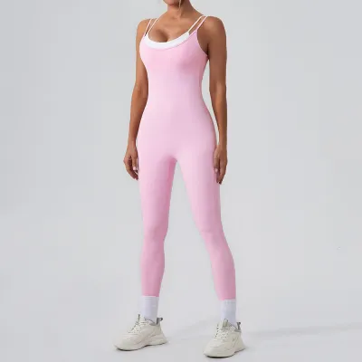 Women Fashion Casual Patchwork Contrast Color Spaghetti Strap Backless Sports Yoga Jumpsuit