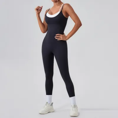 Women Fashion Casual Patchwork Contrast Color Spaghetti Strap Backless Sports Yoga Jumpsuit