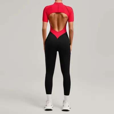 Women Fashion Casual Contrast Color Stitching Short-Sleeve Sports Yoga Jumpsuit