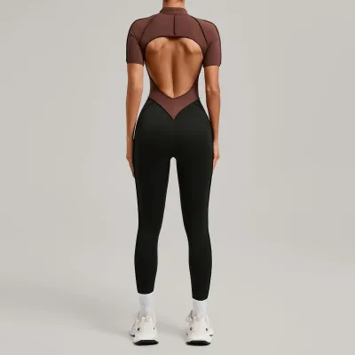 Women Fashion Casual Contrast Color Stitching Short-Sleeve Sports Yoga Jumpsuit