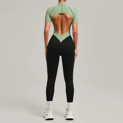Women Fashion Casual Contrast Color Stitching Short-Sleeve Sports Yoga Jumpsuit